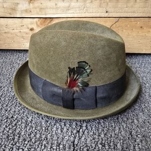 Vintage Stetson Mallory Olive Green Fedora Hat Feather Accent Size 7